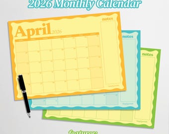 2026年 印刷可能なカレンダー：カラフルな横型月間プランナー（A3、A4、レターサイズ）デジタルダウンロード