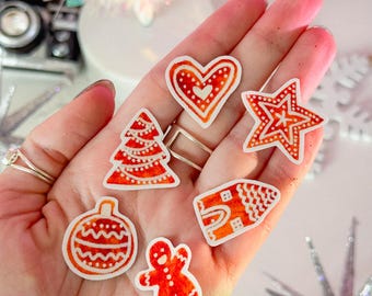 水彩ジンジャーブレッドミニハンドメイドステッカーパック（6枚） - 防水・耐久性のある光沢のあるビニールステッカー