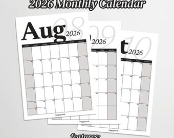 2026年 印刷可能なカレンダー：クラシックな白黒の月間壁掛けプランナー（A3、A4、レターサイズ）デジタルダウンロード