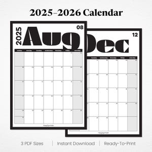 2025-2026 Academic Calendar Printable: Modern Black & White Planner (A3, A4, Letter Sizes) (Digital Download)