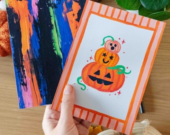 アートプリント：かわいいジャック・オー・ランタン3点セット＆ハロウィン抽象画（2枚セット）カラフルなハロウィンデコレーション、秋のウォールアート