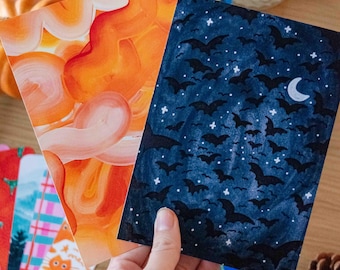 アートプリント：不気味なコウモリとオレンジの渦巻き模様の絵画（2枚セット）黒とオレンジのハロウィン装飾、不気味なアート