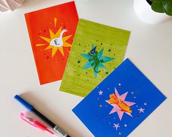 アートプリント：おもしろ動物スターズ　小さなグッピー、おもしろガチョウ、魔法使いトカゲ（3枚セット）