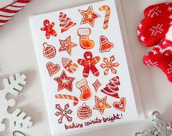 Baking Spirits 明るい水彩画ジンジャーブレッドクリスマスカード（1枚または6枚セット） – ホリデーグリーティングカード