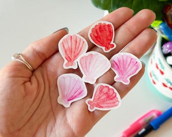 ピンクの貝殻ミニハンドメイドステッカーパック（6枚入り） - 防水・耐久性のある光沢のあるビニールステッカー