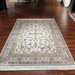 5x8 ft Cream Gold Silk Rug, Rug For Living Room, Persian Silk Rug, Flower Pattern Silk Rug , Luxury Silk Rug, High Quality Silk Rug,Silk Rug