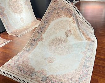 5X8ft Cream Blue Silk Rug, Carpet For Living Room,  Traditional & Classıc Silk Rug, Naturel Silk Rug from Turkey, 5X8ft Luxury Silk Rug