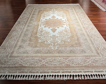 Tappeto in seta beige 7 x 10 piedi, tappeto da soggiorno, tappeto in seta Palace, tappeto in seta naturale, tappeto in seta di lusso, tappeto di alta qualità, tappeto persiano in seta, tappeto in seta Qum