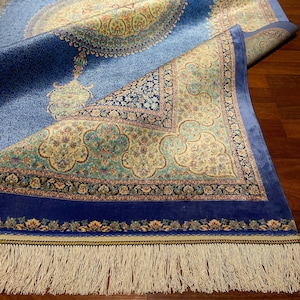 5X 7.5ft Blue Beige Silk Rug,Rug For Living Room, Palace Silk Rug, Naturel Silk Rug, High Quality Rug, Persian Silk Rug, Super Fine Silk Rug