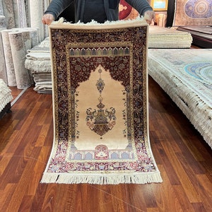 Red Beige Silk Prayer Mat, Luxury Muslim Prayer Rug, Islamic Prayer Mat, Gift Mat, Janamaz Mat 2.74X4.12 ft Silk Janamaz, Muslim Gift Rug