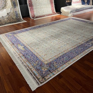 7x10 Beige Blue Silk Rug, High Quality Rug, For Living Room Rug ,Persian Silk Rug ,Knotted Silk Rug,7x10 Area Rug, Super Fine Silk Rug