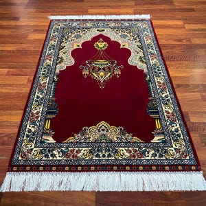 Red Gold Silk Prayer Mat, Fringe and Edges Handmade, Luxury High Quality Muslim Prayer Rug, Islamic Prayer Mat, Gift Mat, Janamaz Mat