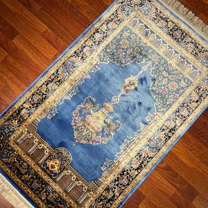 Blue Beige  Silk Prayer Mat, Luxury Muslim Prayer Rug, Islamic Prayer Mat, Gift Mat, Janamaz Mat, High Quality Silk Janamaz