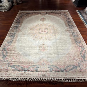 8x11 ft Cream Blue Silk Rug, Home Decor Oversize Rug ,High Quality Silk Rug,Rug For Living Room Rug,Luxurious Silk Rug, Top Quality Silk Rug