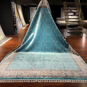 7x10 ft Turkish Blue Silk Rug, Living Room Silk Rug, Super Fine Silk Rug, ,Top Quality Silk Rug, Oversized Silk Rug, Area Silk Rug