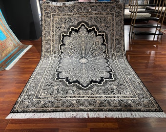 Alfombra de seda turca auténtica en blanco negro, alfombra de seda de 7x10 pies, alfombra de seda de lujo, alfombra de seda de área grande, alfombra de seda de sala de estar, alfombra de seda de alta calidad