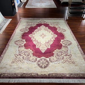 8X11 ft Gold Beige Silk Rug, Rug For Living Room, 8X11 ft Oversized Rug, Persian Silk Rug, Luxury Silk Rug, Oriental Silk Rug,Top Quality
