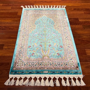 Blue Top Quality Silk Prayer Mat, Luxury Muslim Prayer Rug, Islamic Prayer Mat, Gift Mat, Janamaz Mat 2.74X4.12ft Janamaz, Muslim Gift