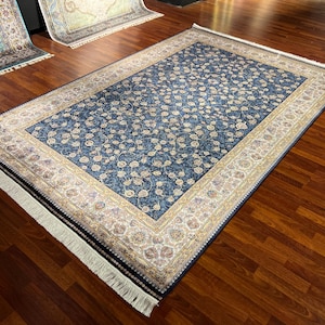 7X10 ft Blue Gold Silk Rug, Carpet For Living Room, Palace Silk Rug, Naturel Bamboo Silk from Turkey, Rug for Living Room