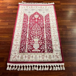 2.74X4.12 Red Beige Silk Prayer Mat, Luxury Muslim Prayer Rug, Islamic Prayer Mat, Gift Mat, Janamaz Mat, Special Gift