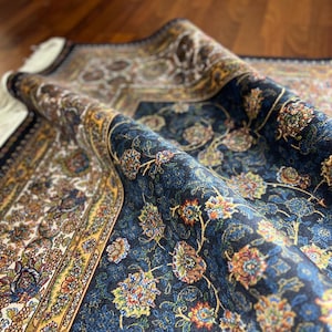 5X8ft Navy Blue Authentic Pattern Silk Rug, Persian Silk Rug, Silk Rug, Qum Silk Rug,High Quality Silk Rug, Home Decor , For Living Room Rug