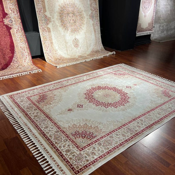 7 X 10  Beige Red Mix Silk Rug, Carpet For Living Room, Oriental Rug, Naturel Silk Rug from Turkey