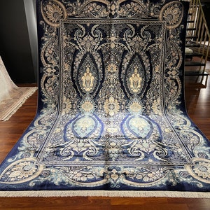 8x11 ft Dark Blue Persian Silk Rug, Silk Rug,Luxury Silk Rug,Large Persian Rug, Classic Silk Rug,Living Room Silk Rug, High Quality Silk Rug