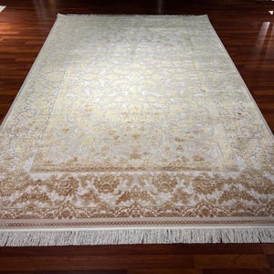 7x10 Gold Embroidered Silk Carpet, Carpet For Living Room, Palace Silk Rug, Naturel Silk Rug from Turkey