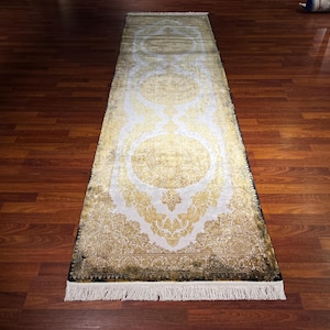3X10ft Beige Gold Silk Rug, Small Rug, High Quality Rug, Runner Rug, Palace Silk Rug, Luxury Runner Silk Rug, Top Quality Silk Rug, Gift Rug