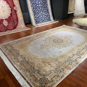 7X10 ft Luxury Silk Rug, Gold Beige Silk Rug,  Authentic Pattern Rug, Silk Rug, Oriental Area Rug, High Quality Silk Rug,Qum Silk Rug