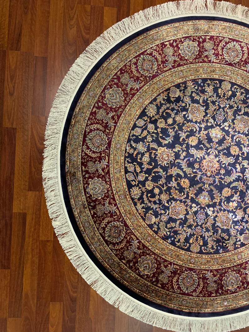 Red Blue Silk Circle Rug, Circle Rug 5x5, Round Rug Vintage, Circle Silk Rug 5x5, Round Rug 5