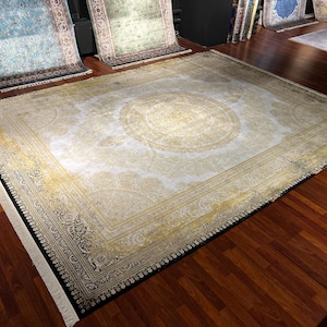 10X13 ft Cream Gold Silk Rug, Carpet For Living Room, Authentic Silk Rug,Luxury Silk Rug Authentic Rug, High Quality Silk Rug,Persian Rug