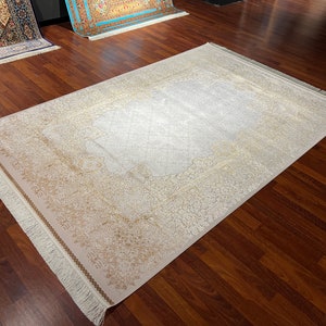 5x8 ft Gold Beige Silk Rug, Rug For Living Room, Persian Silk Rug, Flower Pattern Silk Rug , Luxury Silk Rug, High Quality Silk Rug,Silk Rug