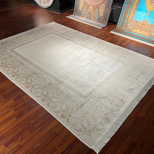 7x10 ft Beige Silk Rug, Rug For Living Room, Silk Rug, Persian Pattern Silk Rug , Luxury Silk Rug, High Quality Silk Rug, Qum Silk Rug