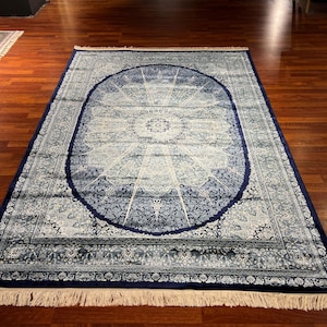 5x8 ft Dark Blue Persian Silk Rug, Rug For Living Room, Qum Silk Rug, Special Design Silk Rug, Luxury Silk Rug, Home Decor, Luxury Silk Rug