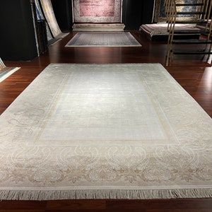8x11 ft Beige Silk Rug, Rug For Living Room, Silk Rug, Persian Pattern Silk Rug , Luxury Silk Rug, High Quality Silk Rug, Qum Silk Rug