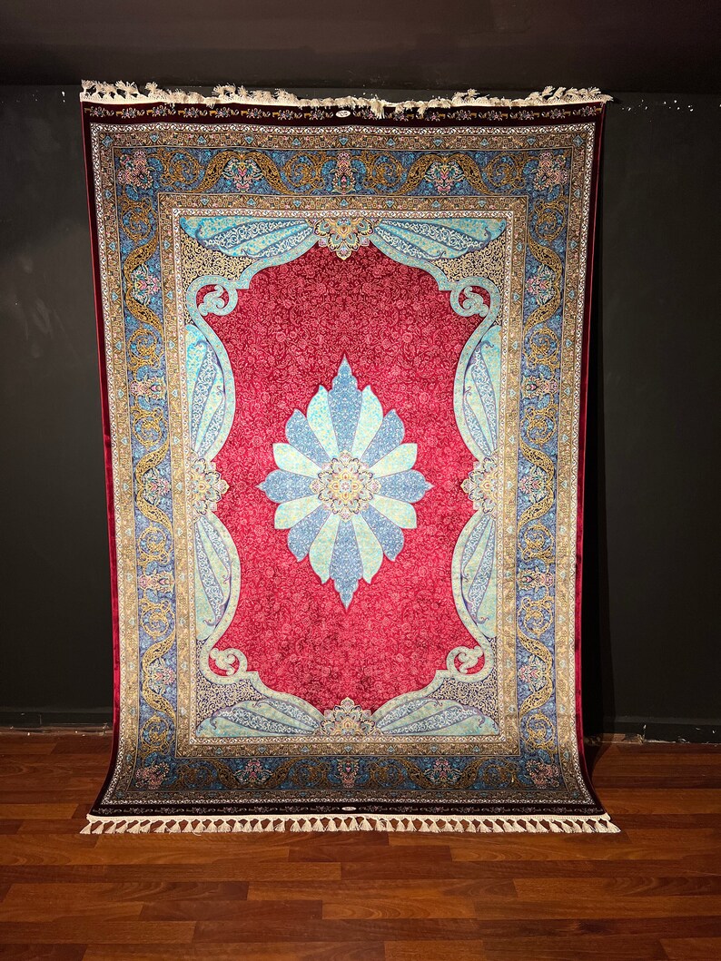 5X8 Luxury Red Blue Silk Rug, 5x8ft Luxury Silk Rug Authentic Rug, High