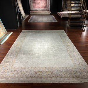 8x11 ft Beige Silk Rug, Rug For Living Room, Silk Rug, Persian Pattern Silk Rug , Luxury Silk Rug, High Quality Silk Rug, Qum Silk Rug