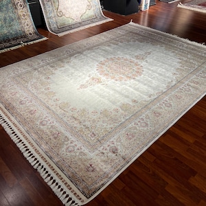 8x11 ft Gold Beige Silk Rug, Home Decor Oversize Rug ,High Quality Silk Rug,Rug For Living Room Rug,Luxurious Silk Rug, Top Quality Silk Rug