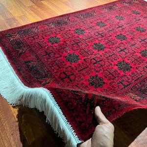 3x5ft Red Afghan Area Rug, Traditional Oriental Area Rug, Afghan Silk Rug, Rug For Living Room, Runner Silk Rug, Rugs, Hand-Knotted Fringe