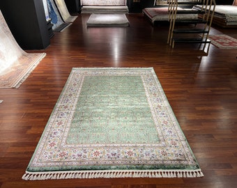 5x8 ft Green Beige Silk Rug, Rug For Living Room, Persian Silk Rug, Flower Pattern Silk Rug , Luxury Silk Rug, High Quality Silk Rug,Rugs