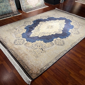 8X11 ft Blue Beige Silk Rug, Rug For Living Room, ft Oversized Rug,Luxury Silk Rug, Persian Silk Rug, Oriental Silk Rug,Top Quality