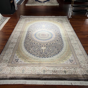 8x11 Beige Goldı Silk Rug, 8x11ft Blue Silk Rug, Rug For Living Room, High Quality Silk Rug,%100 Silk Rug,Luxurious Living Room Rug