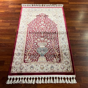 2.74X4.12 Red Beige Silk Prayer Mat, Luxury Muslim Prayer Rug, Islamic Prayer Mat, Gift Mat, Janamaz Mat, Special Gift