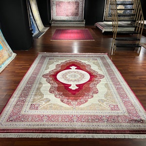 Red Beige Luxury Silk Rug, 8X11 ft Silk Rug,Persian Pattern Rug,Silk Rug,Turkish Silk Rug,Oriental Area Rug,High Quality Silk Rug