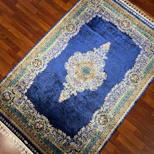 4x6 ft Blue Persian Silk Rug, Rug For Living Room, Palace Silk Rug, Qum Silk Rug, Luxury Silk Rug, Home Decor Rug, Gift Rug, Qum Silk Rug