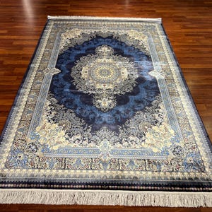 5x8 ft Persian Style Area Rug, Blue Cream Medallion Rug, Traditional Oriental Rug for Living Room, Classic Persian Silk Rug, Luxury Silk Rug