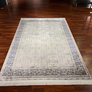 5x8 ft Blue Floral Silk Rug, Rug For Living Room, Qum Silk Rug, Special Design Silk Rug, Luxury Silk Rug, Home Decor