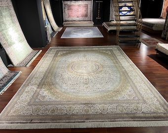Tappeto in seta beige 10 x 13 piedi, tappeto per soggiorno, tappeto in seta autentico, tappeto in seta di lusso, tappeto autentico, tappeto in seta di alta qualità, tappeto persiano