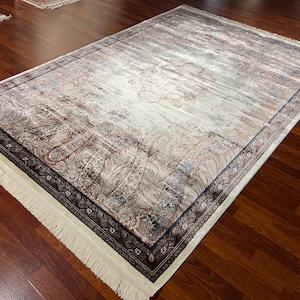 5X8 ft Beige Silk Rug, Carpet For Living Room, Palace Silk Rug, Naturel Silk Rug, Persian Silk Rug, Luxury Silk Rug
